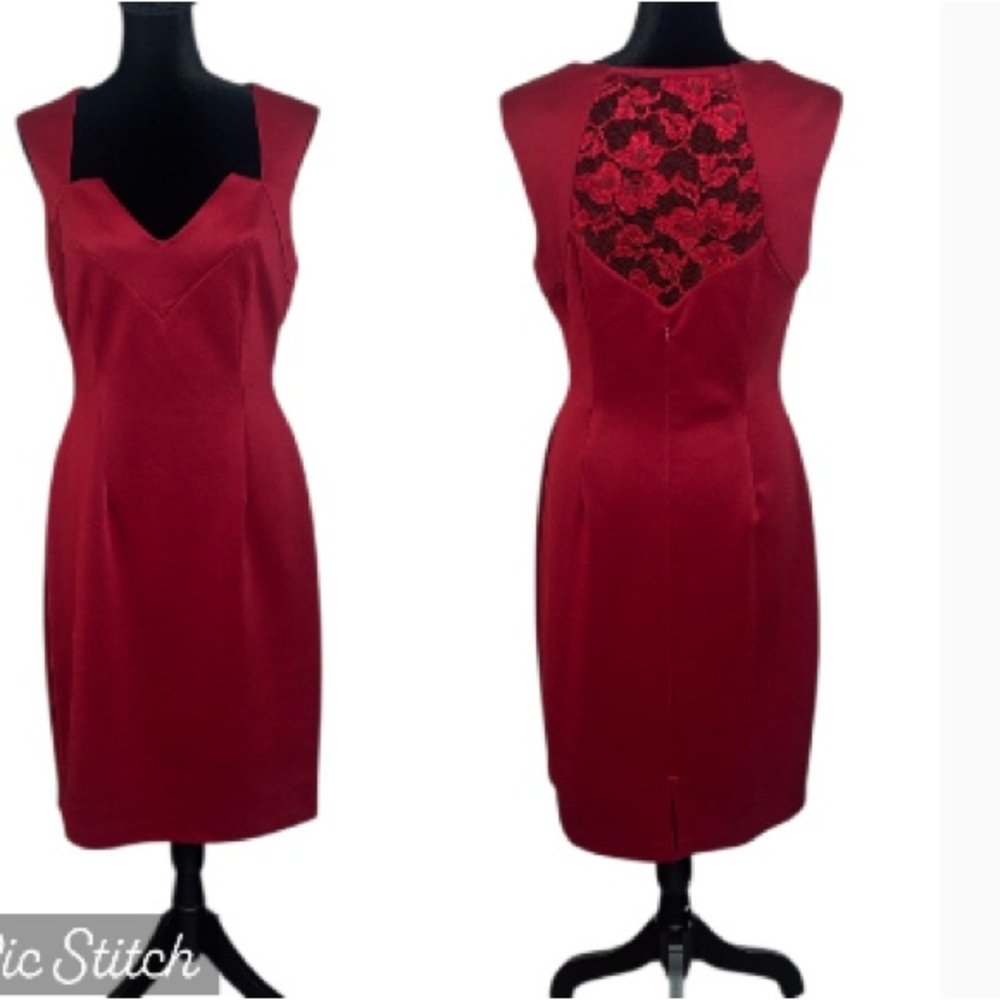 Connected Apparel - Red Sleeveless Dress with Sheer Lace Back - Size 12